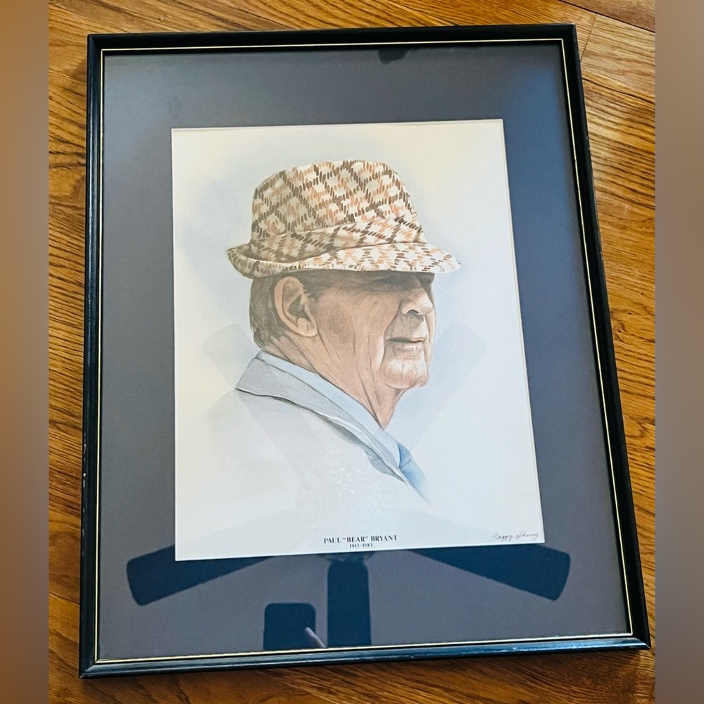 Paul “Bear” Bryant print w/blue mat by Peggy Sherry, 20” x 16” framed
